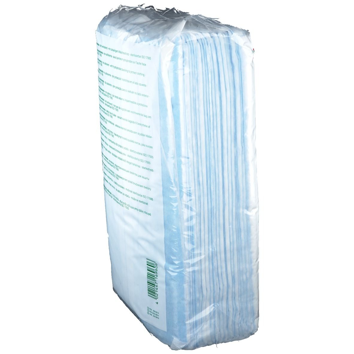 Vue latérale de l'emballage des compresses Vliwazell®. Compresses bleues et informations d'emballage.