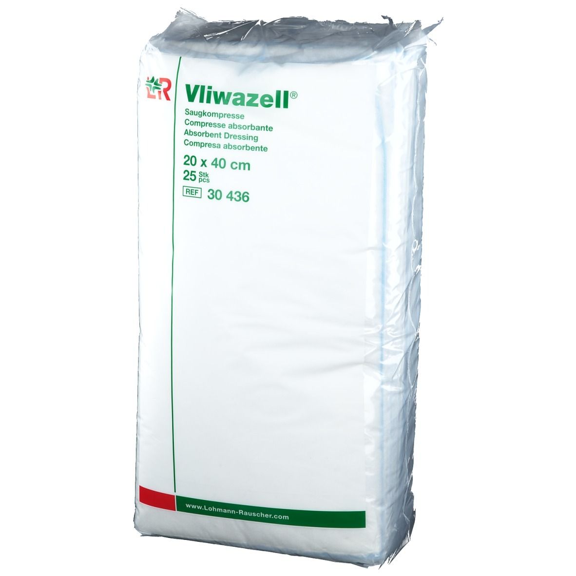 Compresse absorbante Vliwazell®, 20 x 40 cm, emballage plastique. Informations produit et logo visibles.