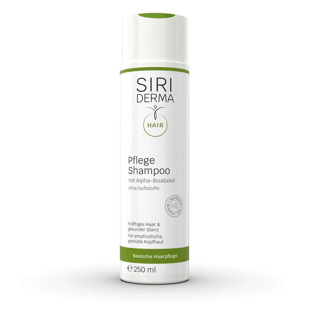 Bouteille blanche Siri Derma Shampooing Soin, 250 ml, à l'Alpha-Bisabolol, sans parfum.