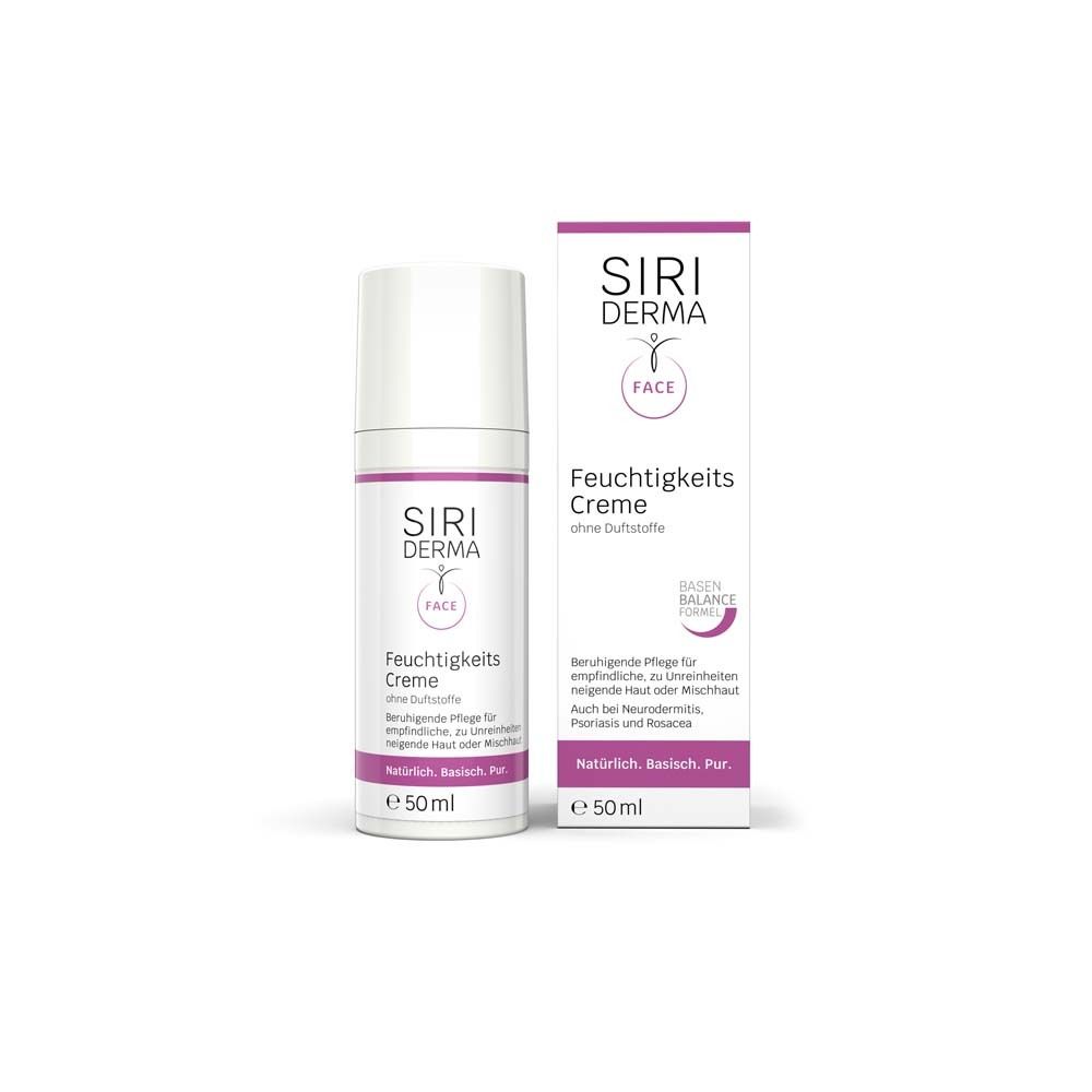 Flacon et boîte de crème. Inscription : Siri Derma Face, crème hydratante sans parfum. Pour peaux sensibles.