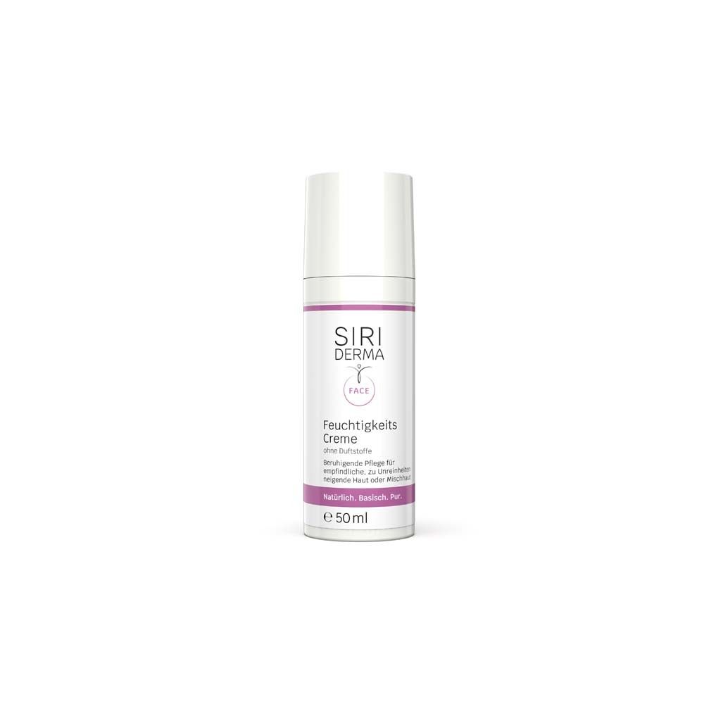 Flacon de crème. Inscription : Siri Derma Face, crème hydratante sans parfum. Pour peaux sensibles.