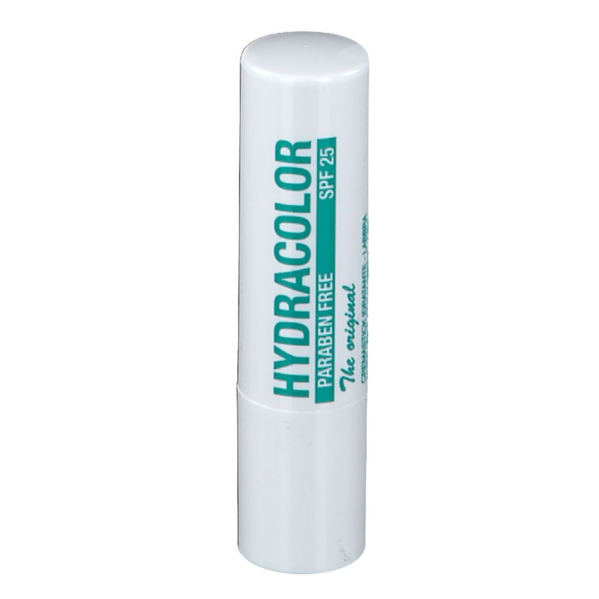 Witte lippenstift met groene streep. Opschrift: HYDRACOLOR, PARABEN FREE, SPF 25.
