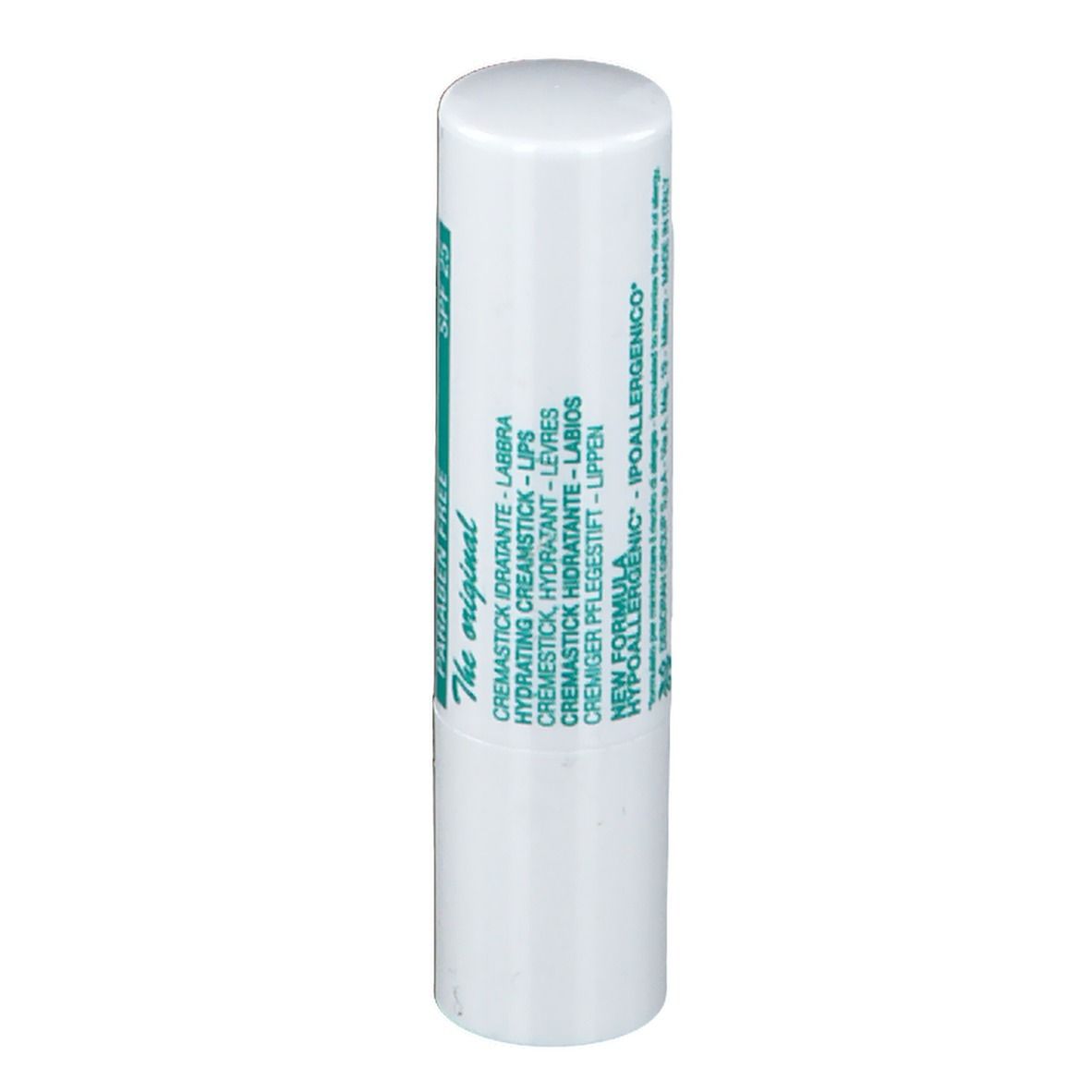 Witte lippenstift met meertalige tekst. Opschrift: HYDRACOLOR, PARABEN FREE, SPF 25.