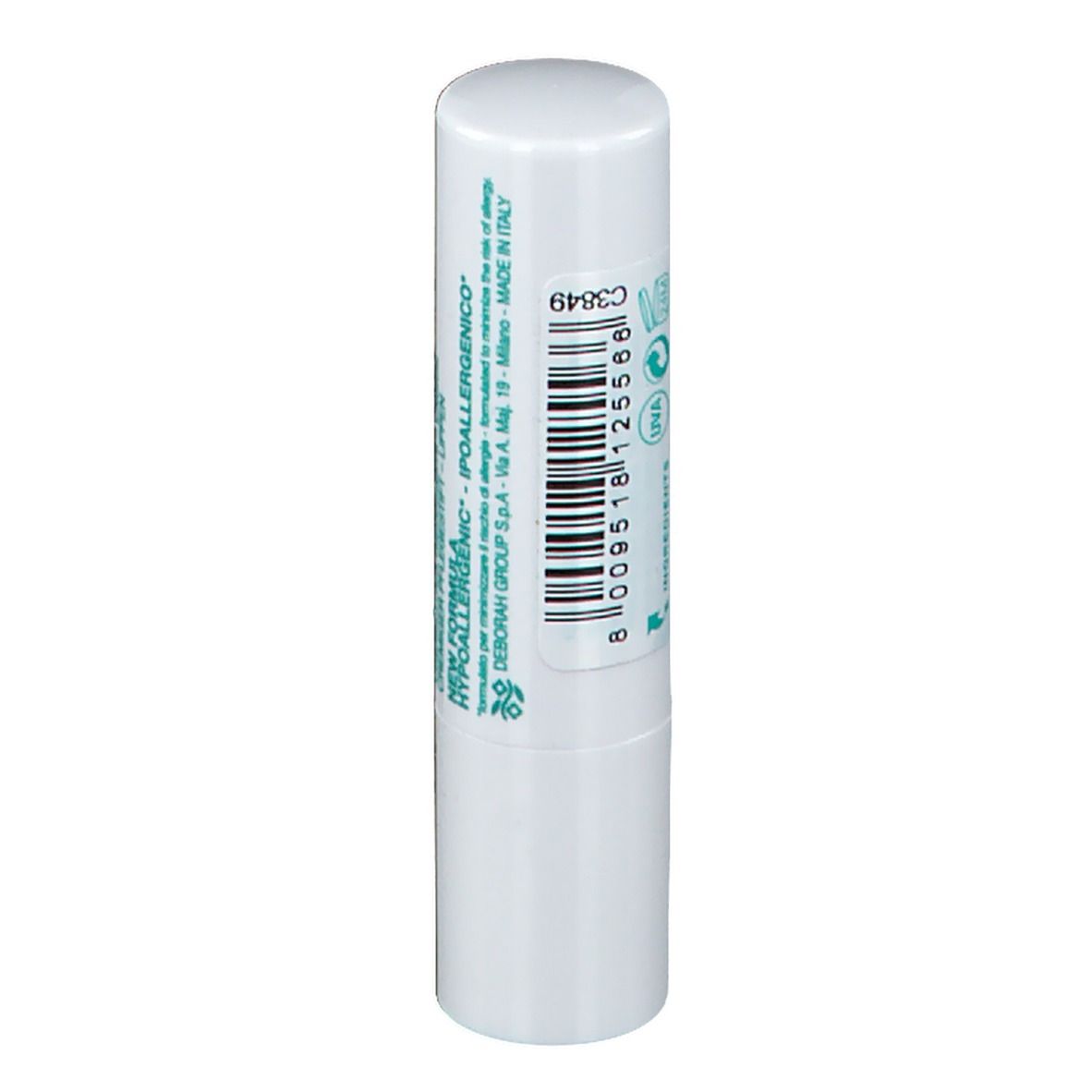 Witte lippenstift met barcode en tekst. Opschrift: HYDRACOLOR, PARABEN FREE, SPF 25.