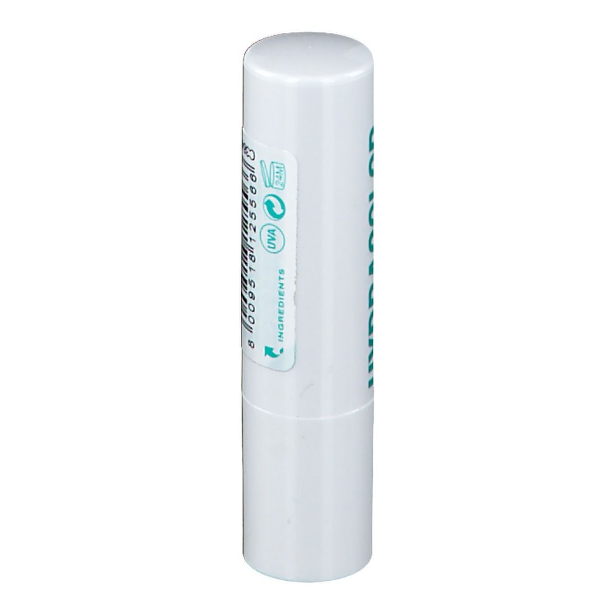Witte lippenstift met tekst en symbolen. Opschrift: HYDRACOLOR, PARABEN FREE, SPF 25.