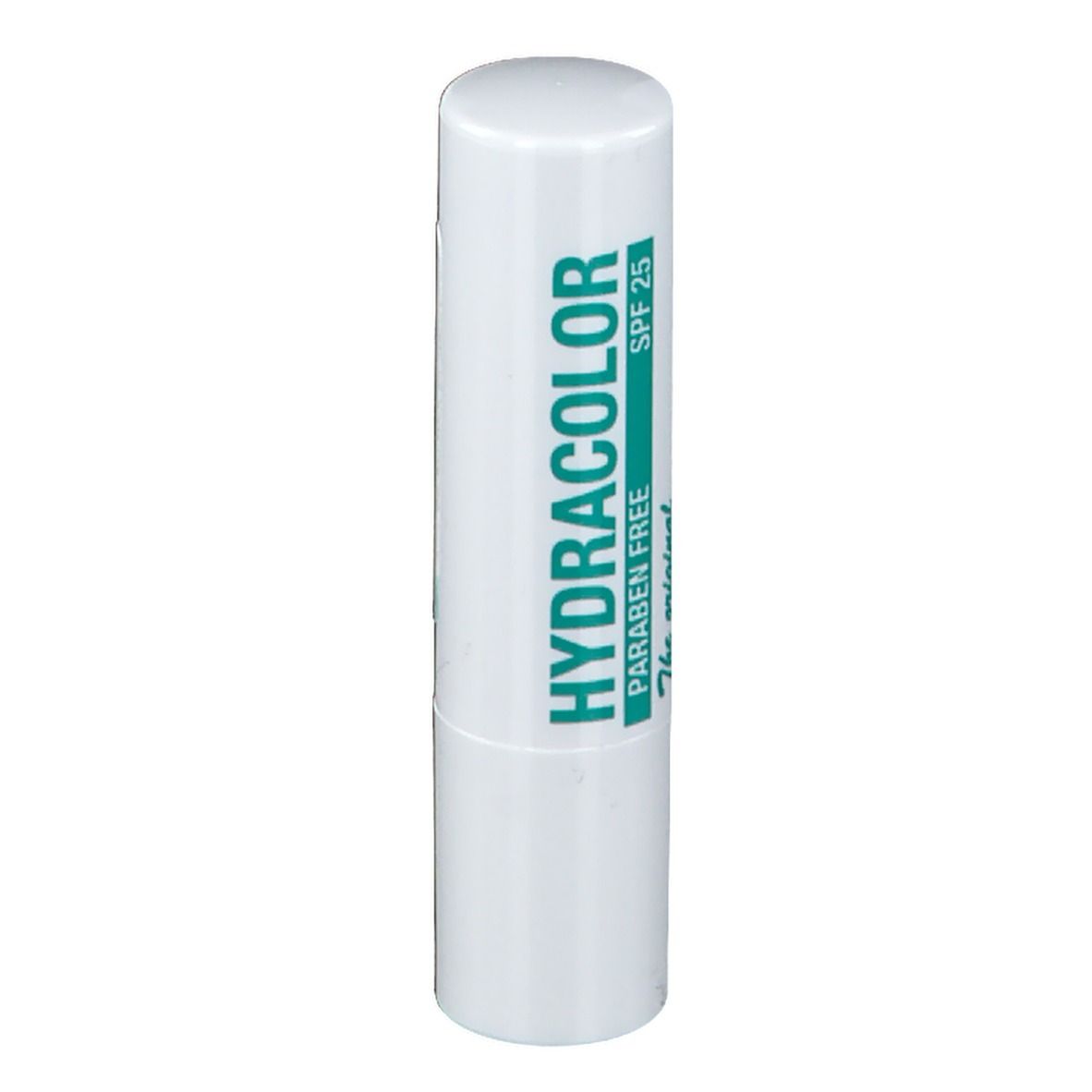 Witte lippenstift met groene streep. Opschrift: HYDRACOLOR, PARABEN FREE, SPF 25.