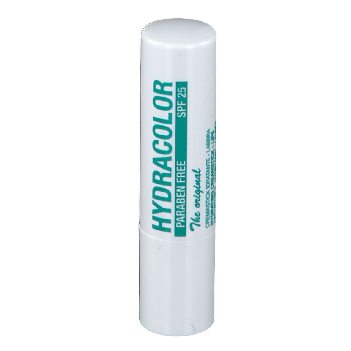 Witte lippenstift met groene streep. Opschrift: HYDRACOLOR, PARABEN FREE, SPF 25.