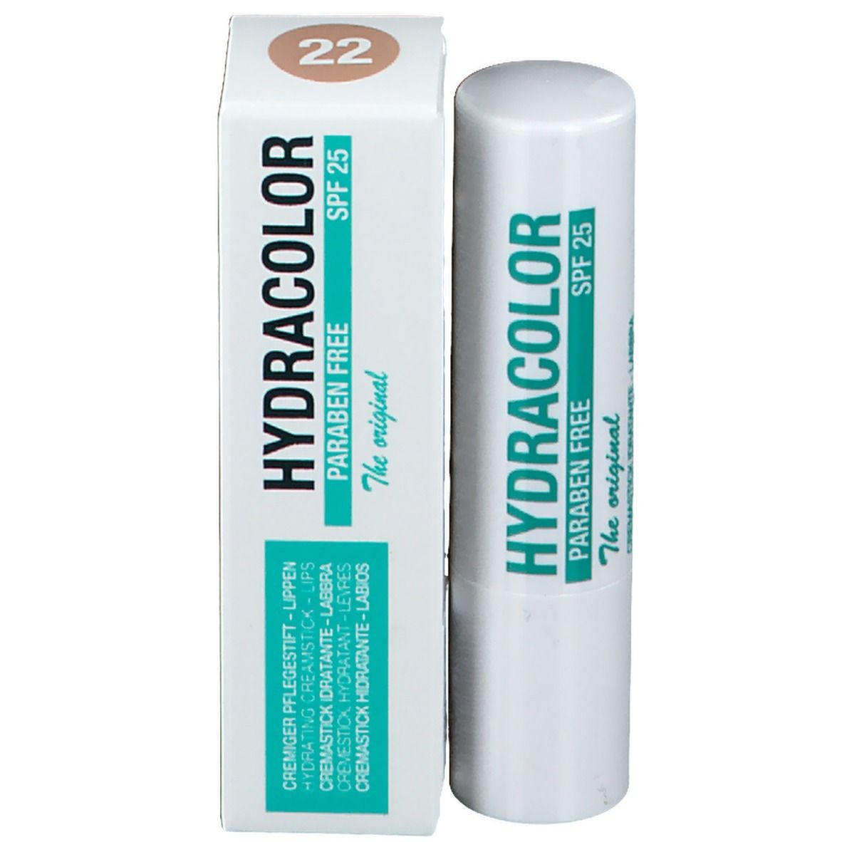 Lippenstift en verpakking. Opschrift: HYDRACOLOR, PARABEN FREE, SPF 25, kleurnummer 22.