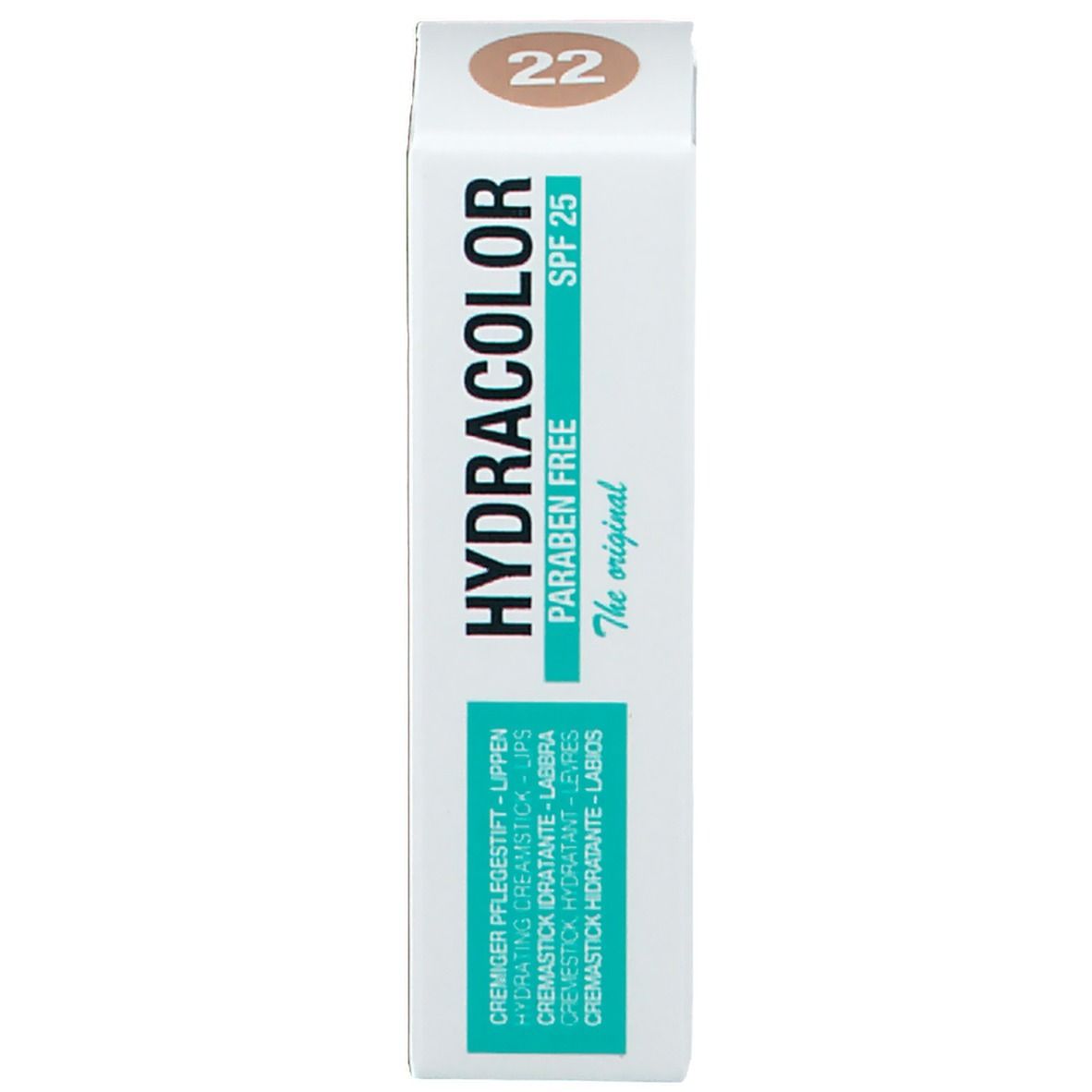 Verpakking van de lippenstift. Opschrift: HYDRACOLOR, PARABEN FREE, SPF 25, kleurnummer 22.