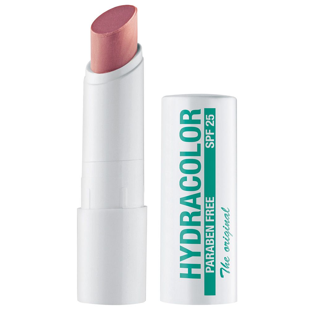 Roze lippenstift in witte huls. HYDRACOLOR, SPF 25, PARABEN FREE. Lippenstift gedeeltelijk uitgeschoven.