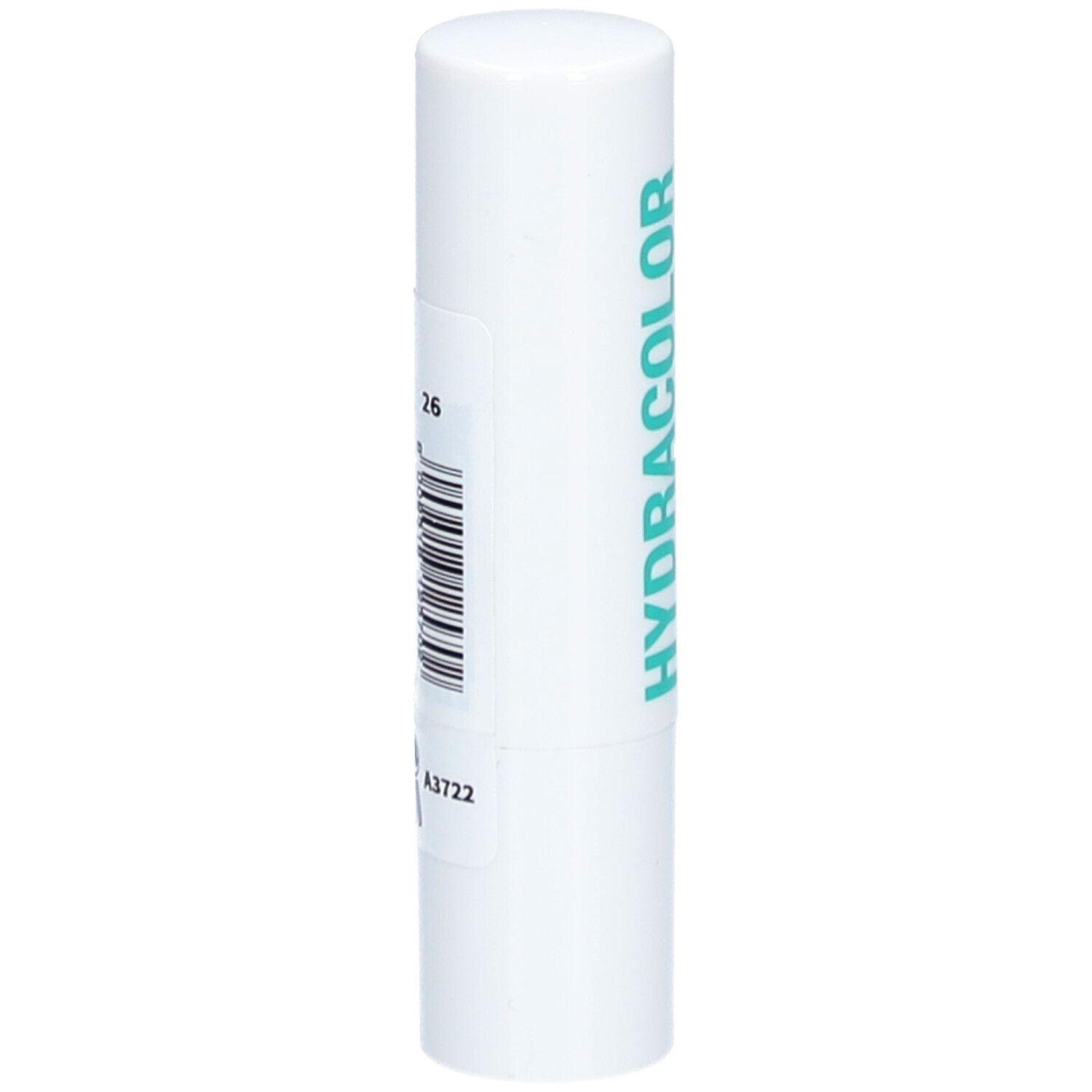 Witte lippenstift met barcode en opschrift. Opschrift: HYDRACOLOR.