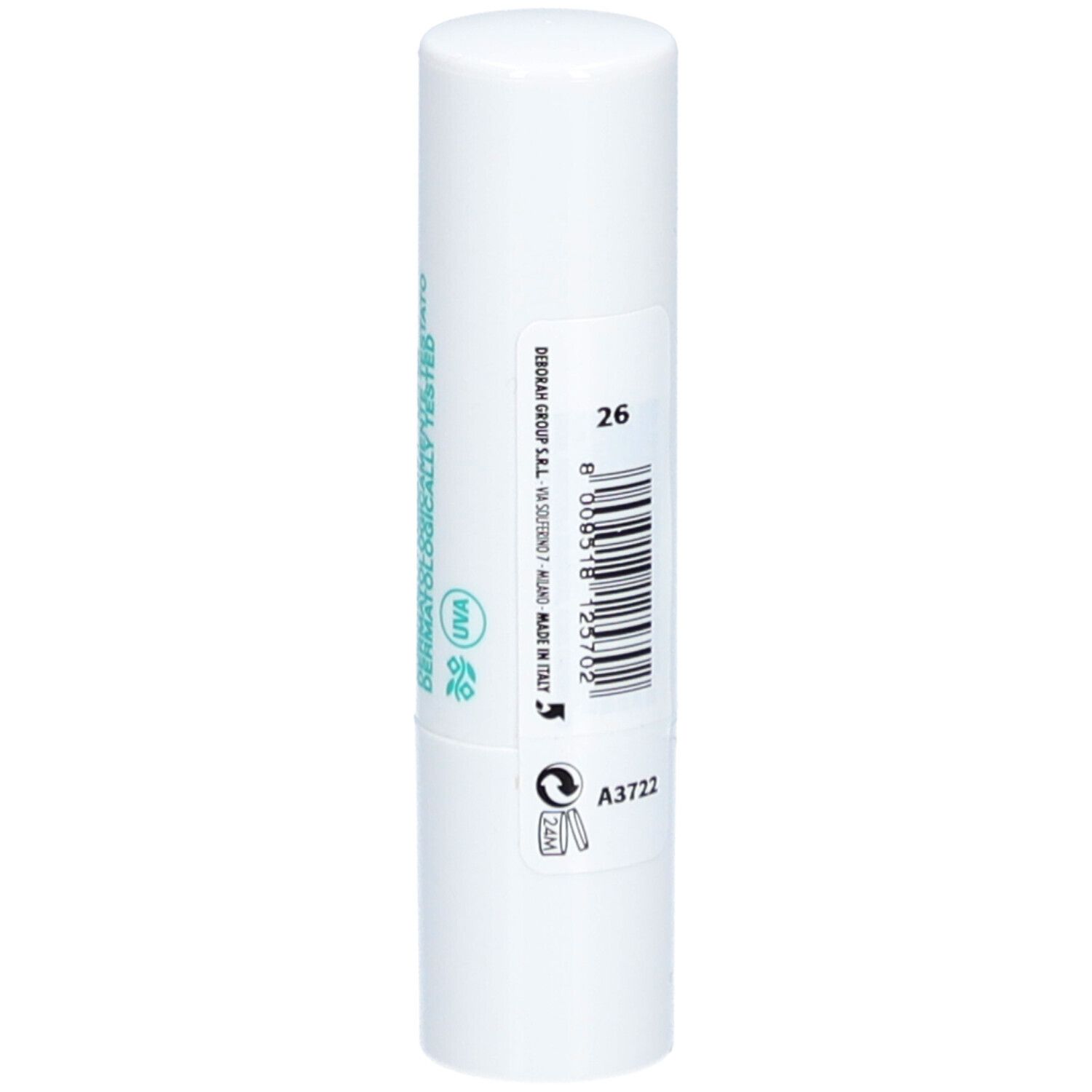 Witte lippenstift met barcode en opschrift. Opschrift: 26, UVA-symbool.