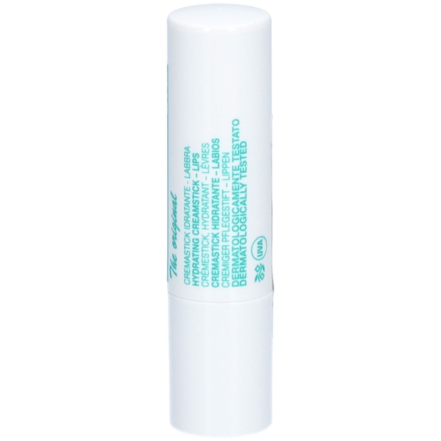 Witte lippenstift met groene tekst. Opschrift: Crèmestick, dermatologisch getest.