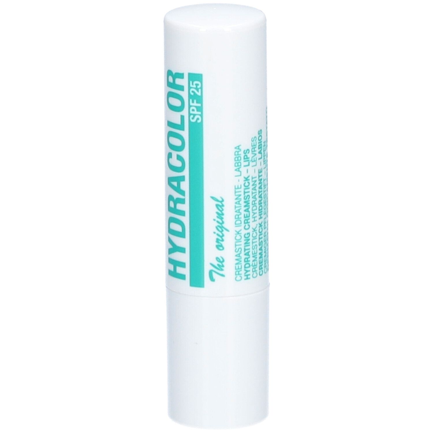 Witte lippenstift met groene tekst. Opschrift: HYDRACOLOR, SPF 25.