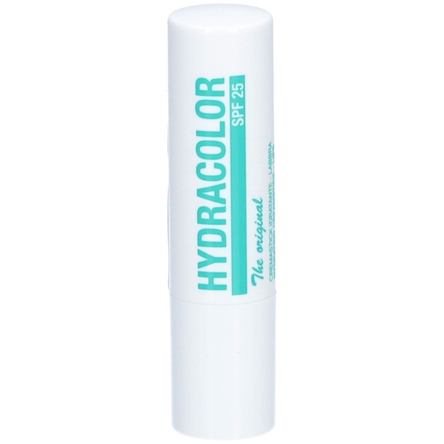 Witte lippenstift met groene tekst. Opschrift: HYDRACOLOR, SPF 25.