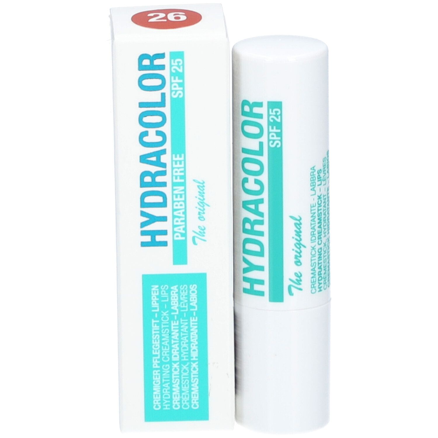 Lippenstift en verpakking. Opschrift: HYDRACOLOR, SPF 25, 26, Paraben Free.