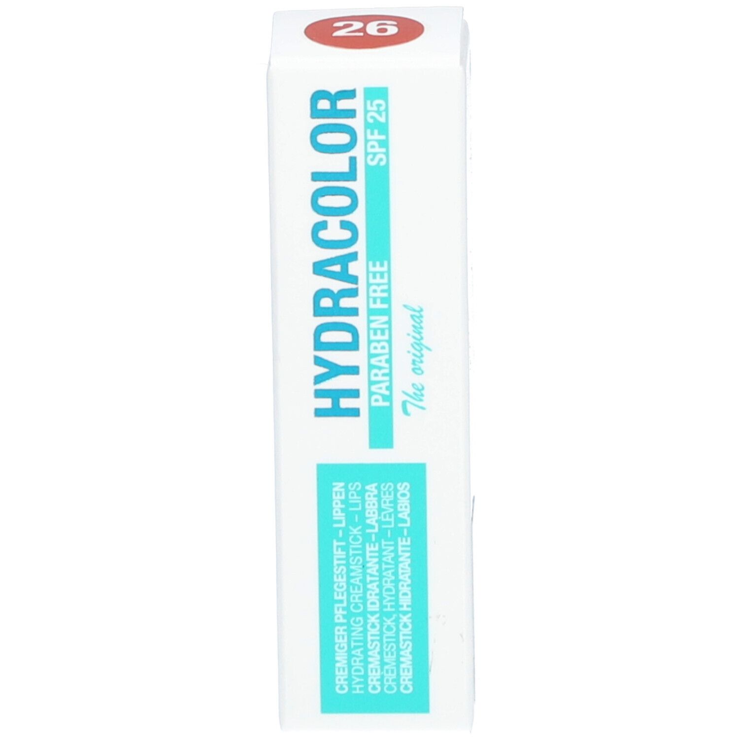 Verpakking met lippenstift. Opschrift: HYDRACOLOR, SPF 25, 26, Paraben Free.
