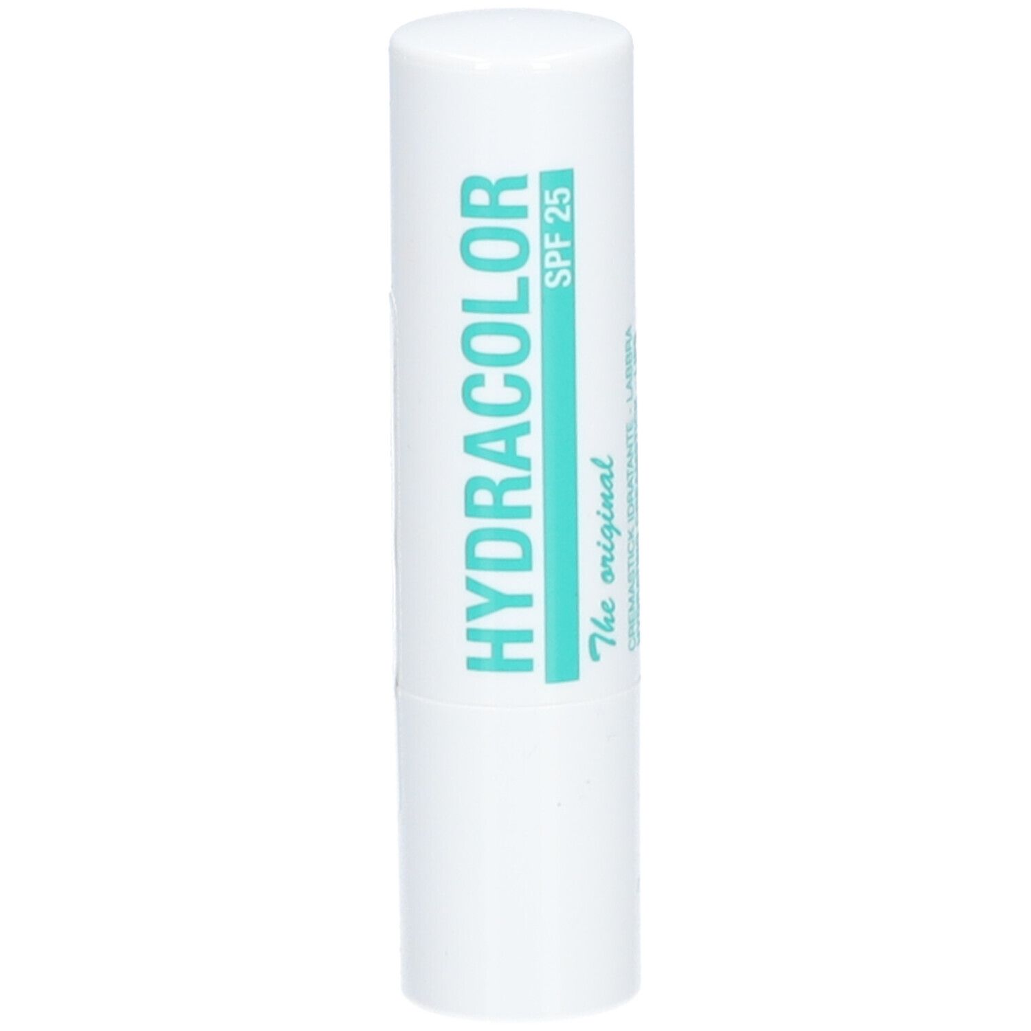 Stick à lèvres blanc avec texte turquoise. Inscription: HYDRACOLOR, SPF 25. "The original".