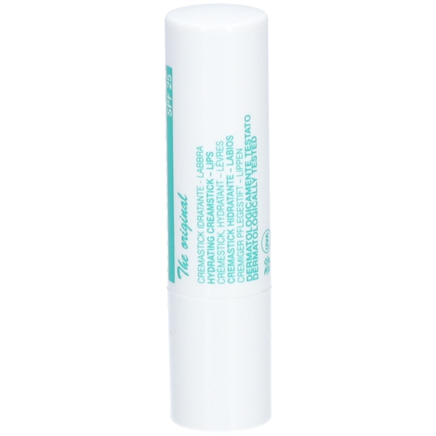 Stick à lèvres blanc avec texte turquoise. Inscription: SPF 25. Texte multilingue.