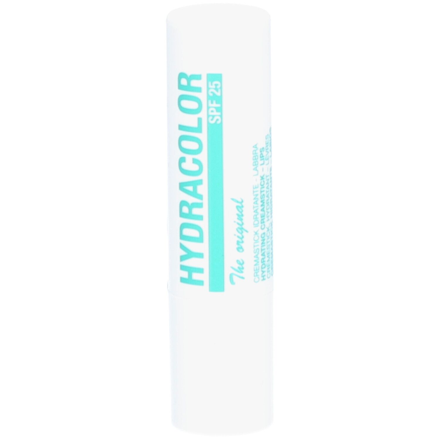 Stick à lèvres blanc avec texte turquoise. Inscription: HYDRACOLOR, SPF 25. "The original".
