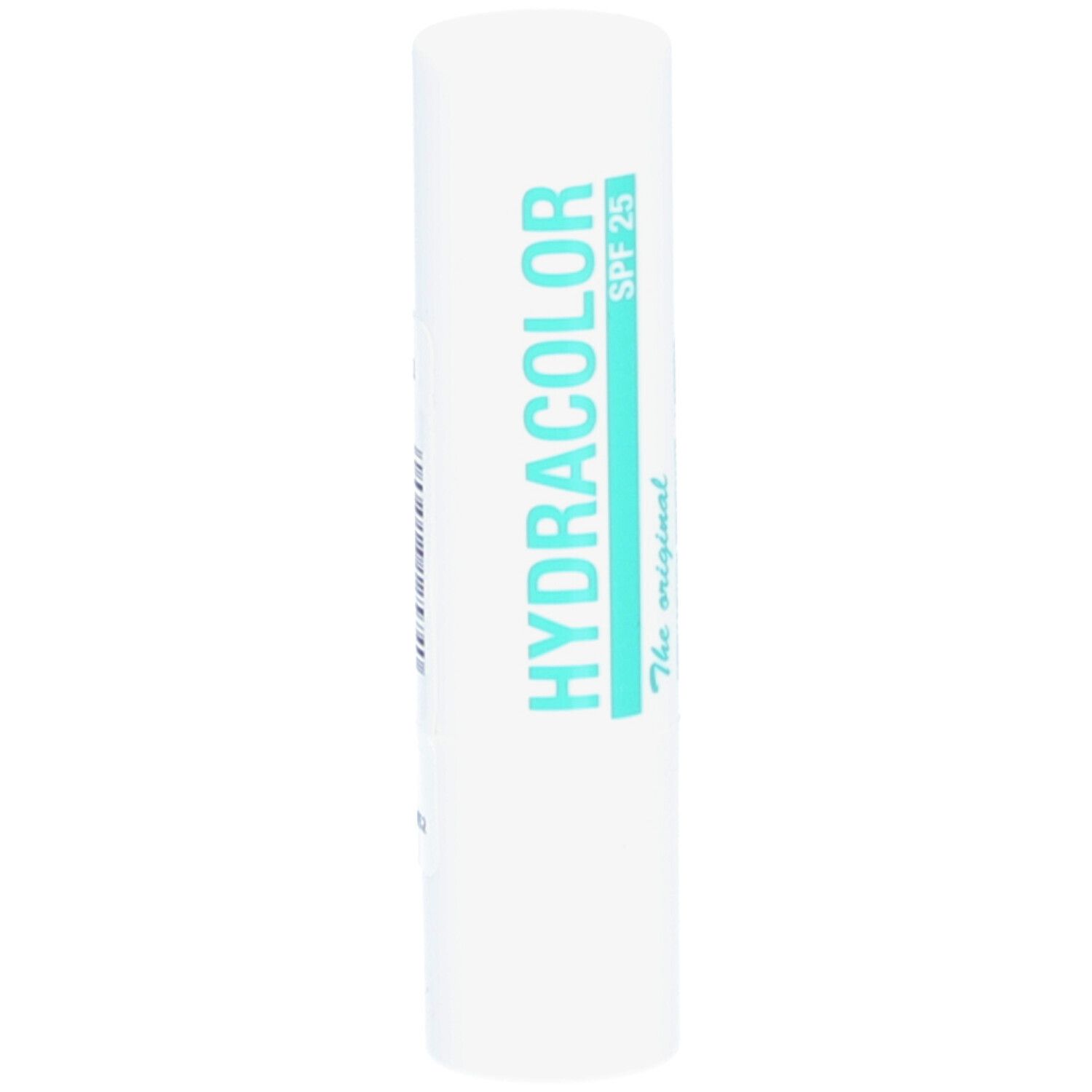 Stick à lèvres blanc avec texte turquoise. Inscription: HYDRACOLOR, SPF 25. "The original".