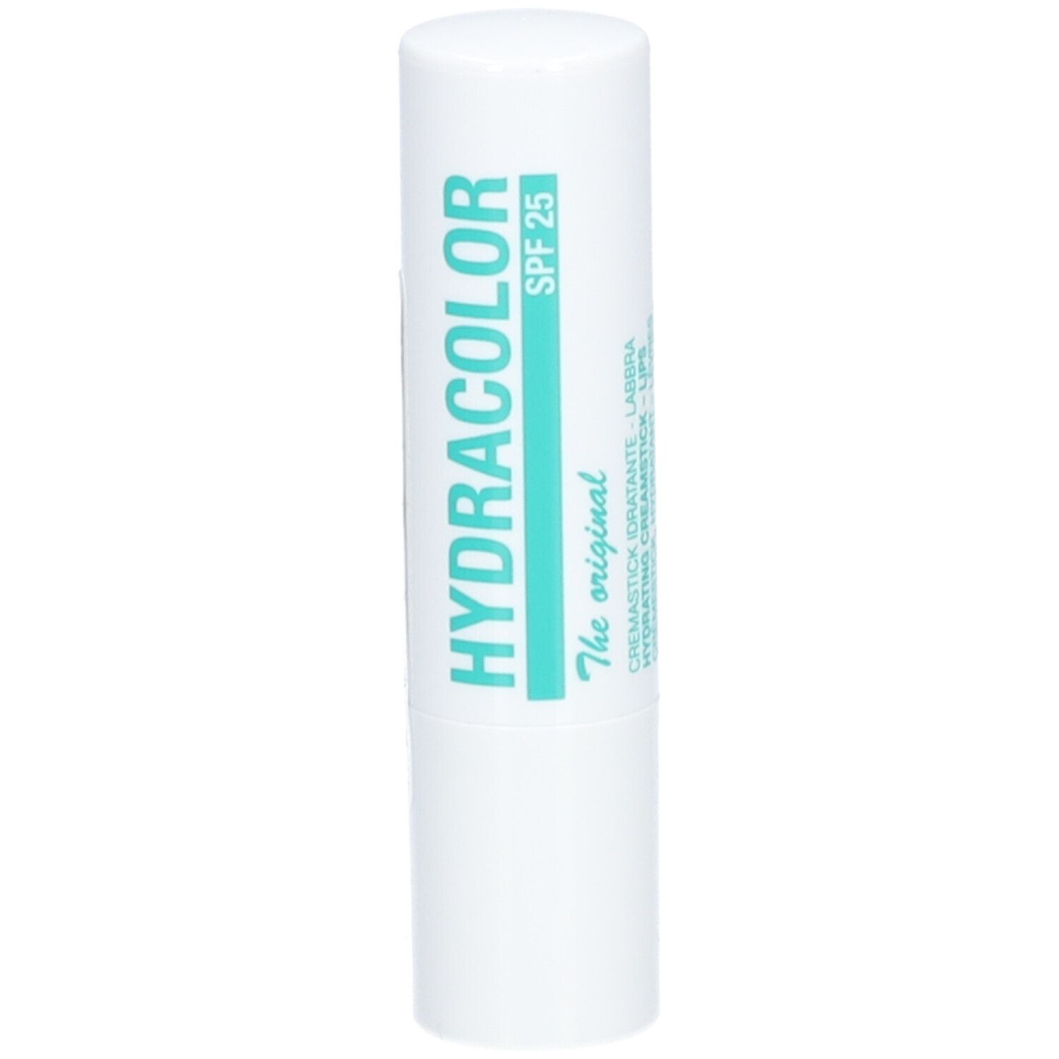 Witte lippenstift met turquoise tekst. Opschrift: HYDRACOLOR, SPF 25.
