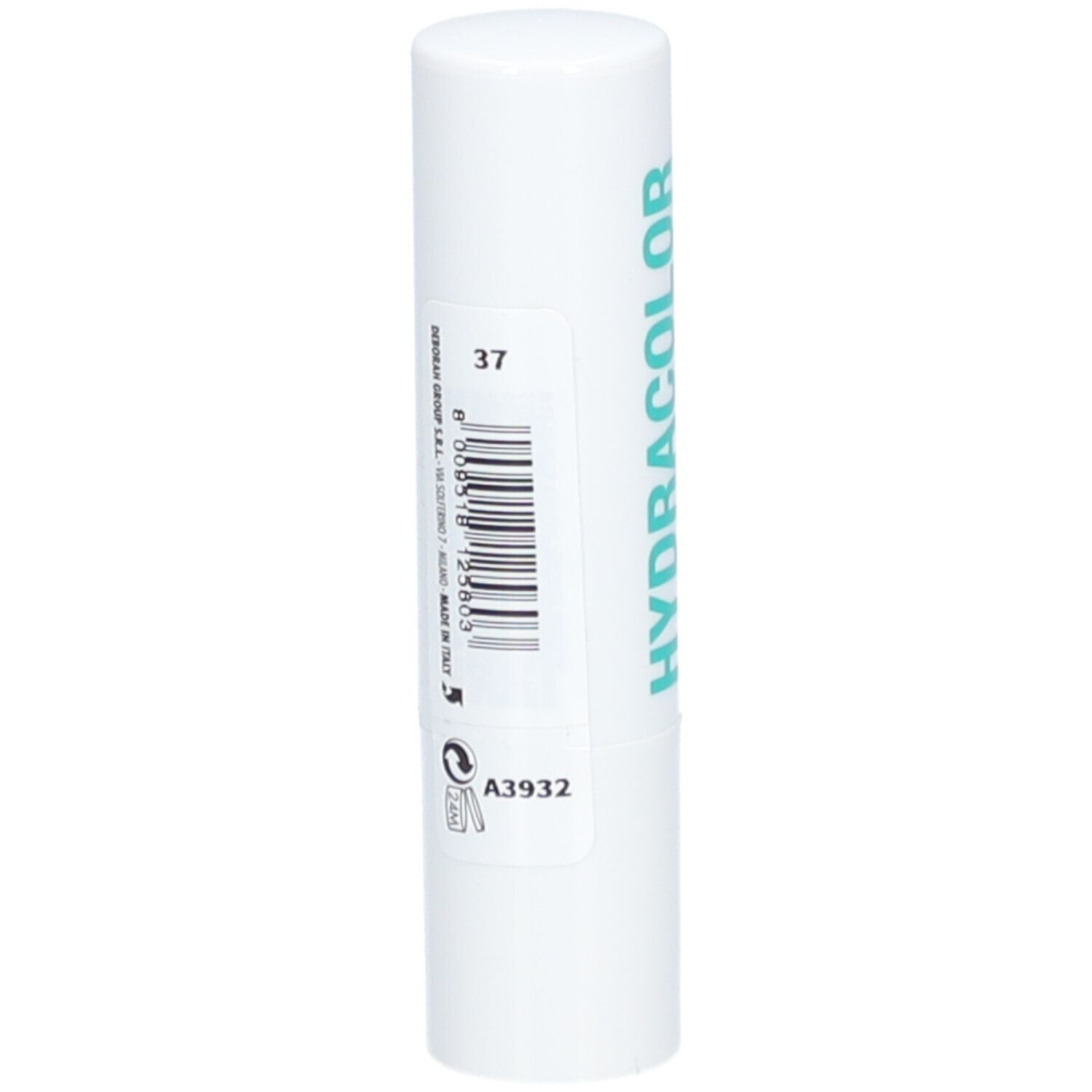 Witte lippenstift. Opschrift: HYDRACOLOR. Achterkant: barcode, nummer 37.