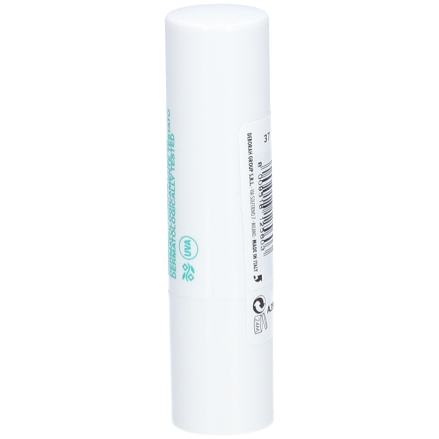 Witte lippenstift. Opschrift: HYDRACOLOR. Achterkant: Dermatologisch getest, UVA-symbool.
