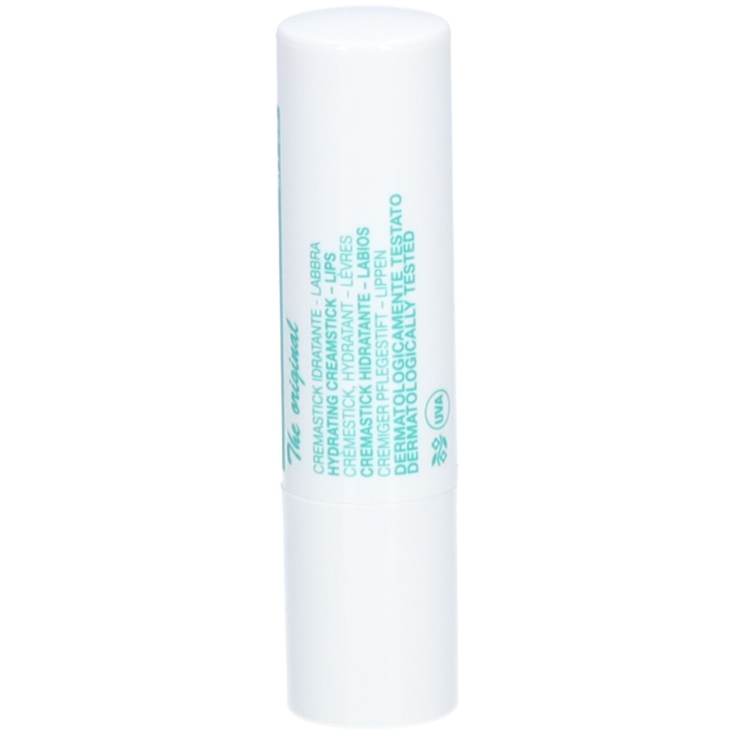 Witte lippenstift. Opschrift: HYDRACOLOR, Cremestick. Achterkant: Dermatologisch getest, UVA-symbool.
