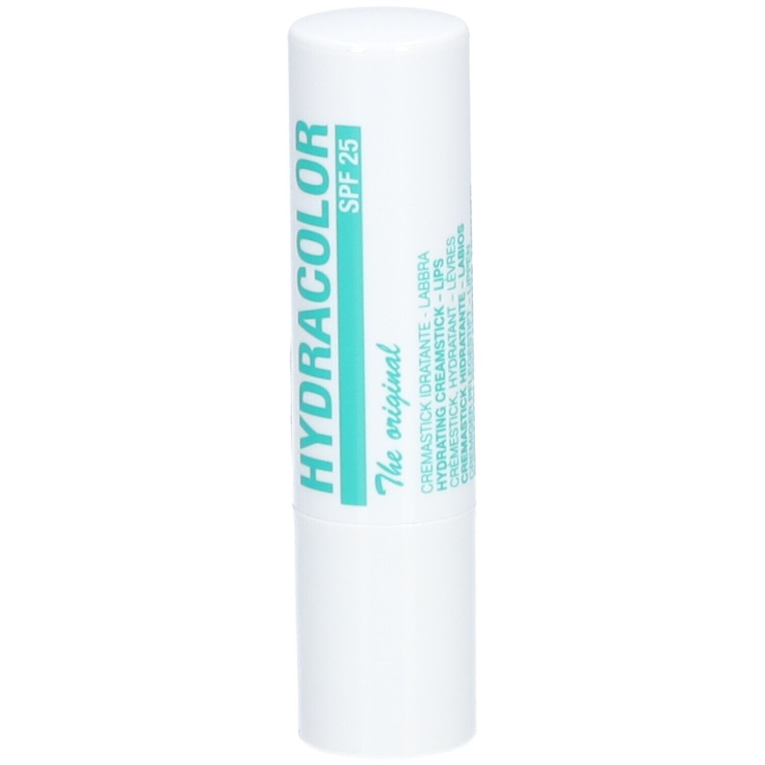 Witte lippenstift met turquoise tekst. Opschrift: HYDRACOLOR, SPF 25.