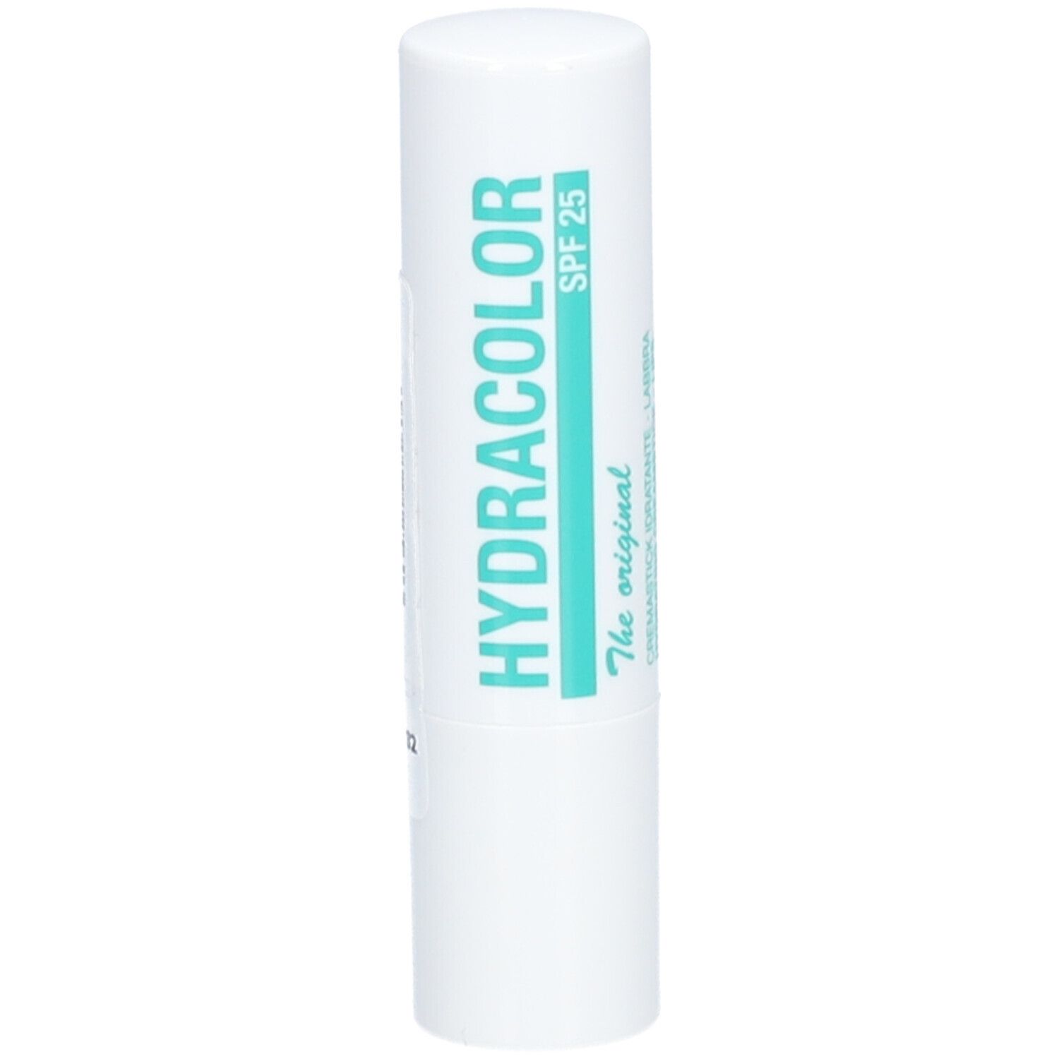 Witte lippenstift met turquoise tekst. Opschrift: HYDRACOLOR, SPF 25.