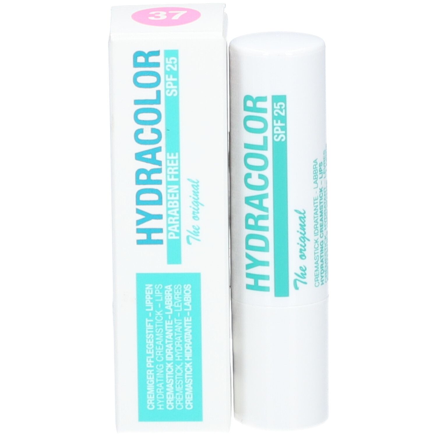 Lippenstift en verpakking. Opschrift: HYDRACOLOR, SPF 25, Parabenenvrij, nummer 37.