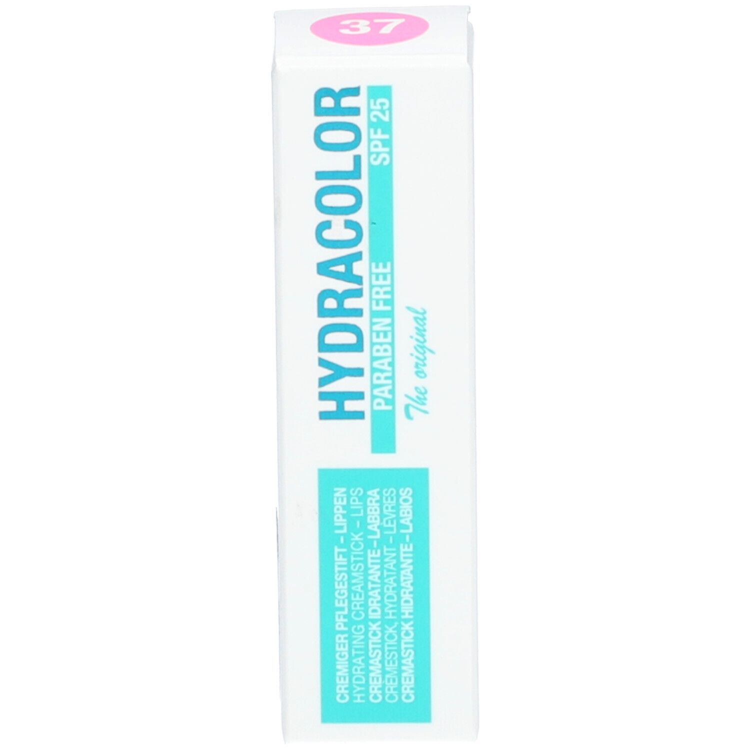 Verpakking voor lippenstift. Opschrift: HYDRACOLOR, SPF 25, Parabenenvrij, nummer 37.