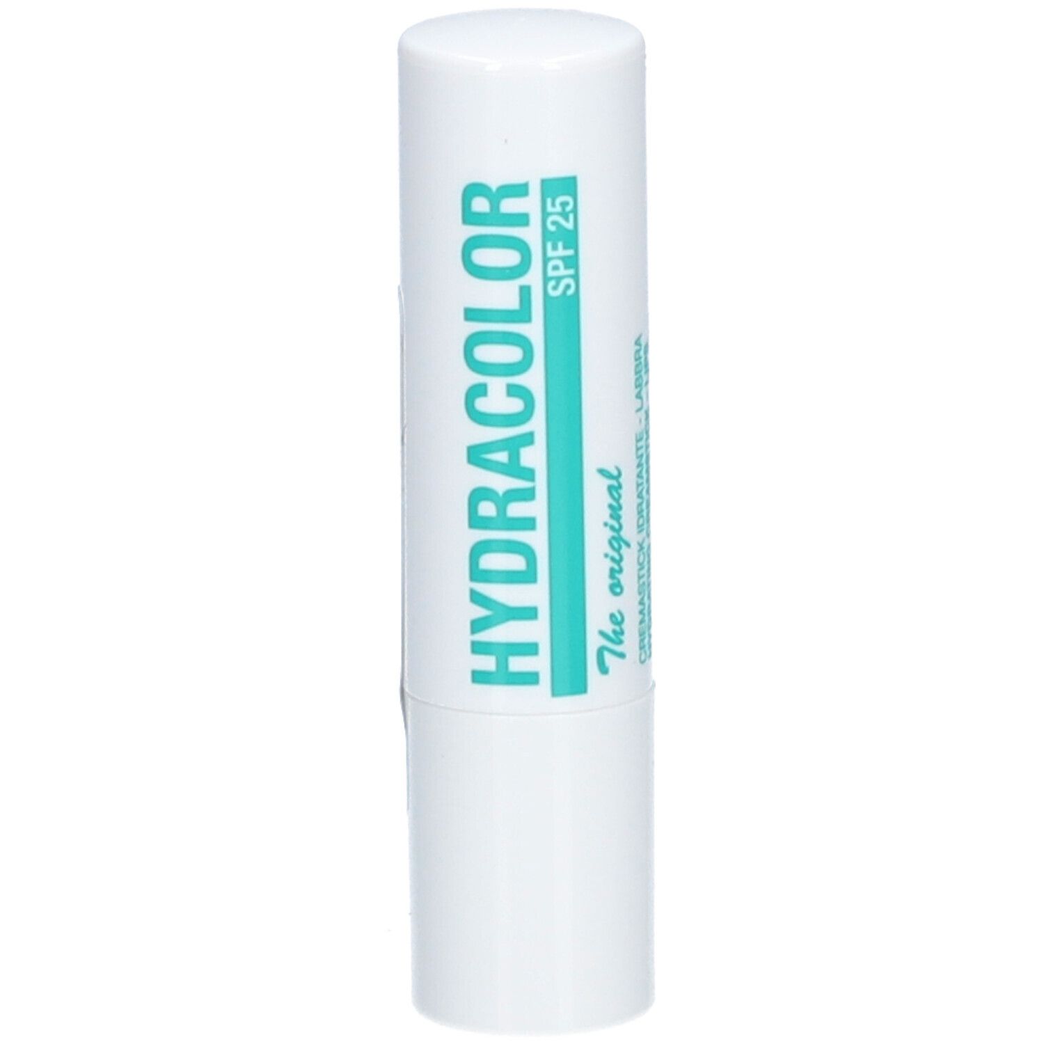 Stick à lèvres blanc avec texte turquoise. Inscription: HYDRACOLOR, SPF 25, The original.