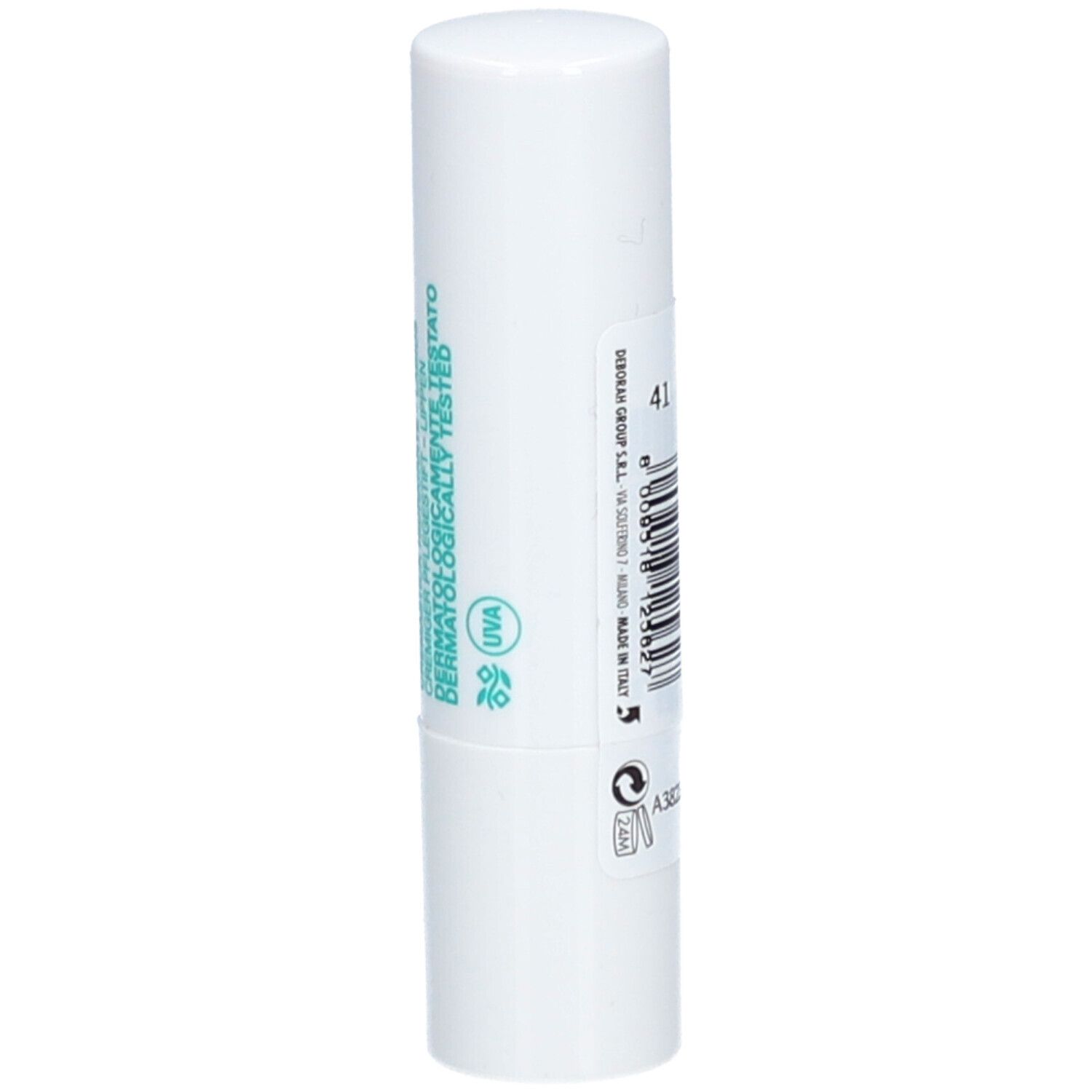 Stick à lèvres blanc avec inscriptions. Inscription: DERMATOLOGICALLY TESTED, UVA. Informations fabricant au dos.