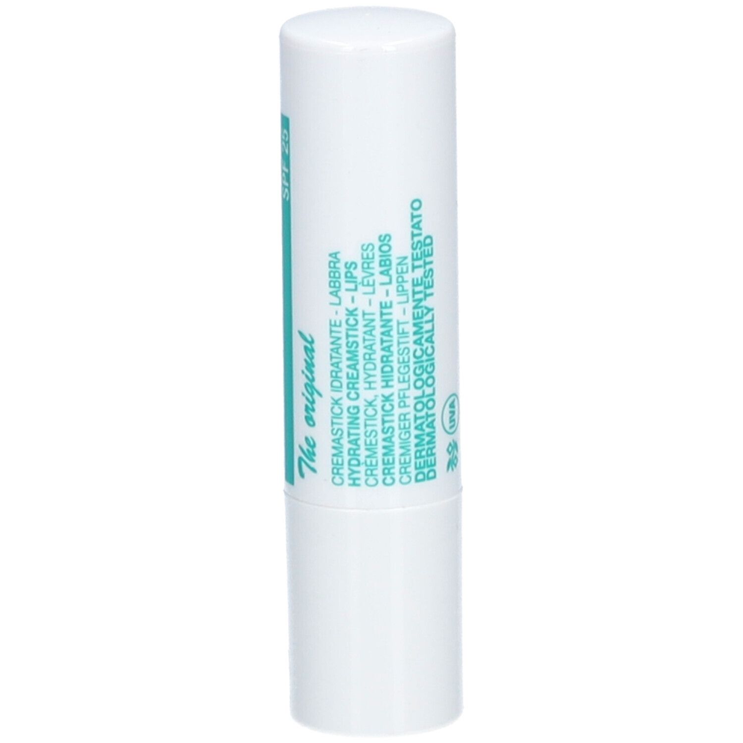 Stick à lèvres blanc avec texte turquoise. Inscription: CREMASTICK IDRATANTE - LABBRA, The original.