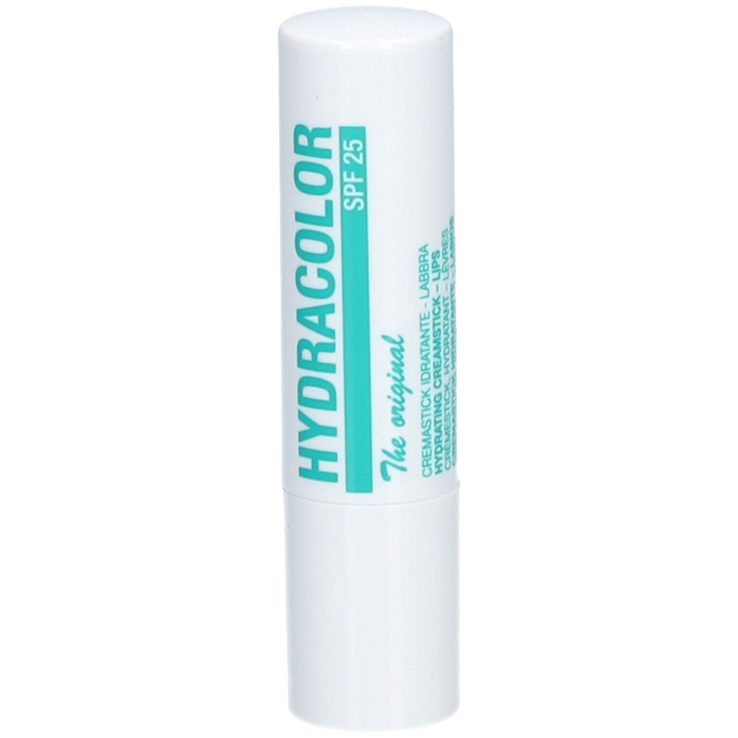 Stick à lèvres blanc avec texte turquoise. Inscription: HYDRACOLOR, SPF 25, CREMASTICK IDRATANTE - LABBRA.