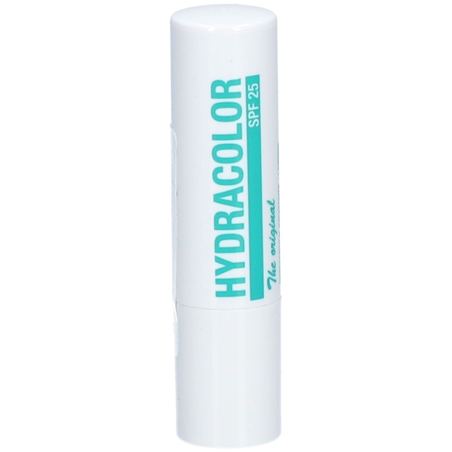 Stick à lèvres blanc avec texte turquoise. Inscription: HYDRACOLOR, SPF 25, The original.