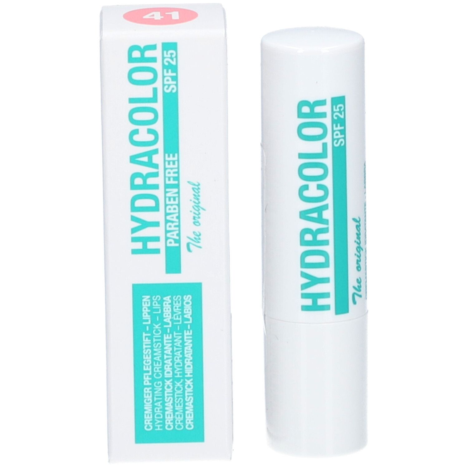 Stick à lèvres blanc et boîte. Inscription: HYDRACOLOR, SPF 25, PARABEN FREE, 41. Noms et ingrédients du produit.
