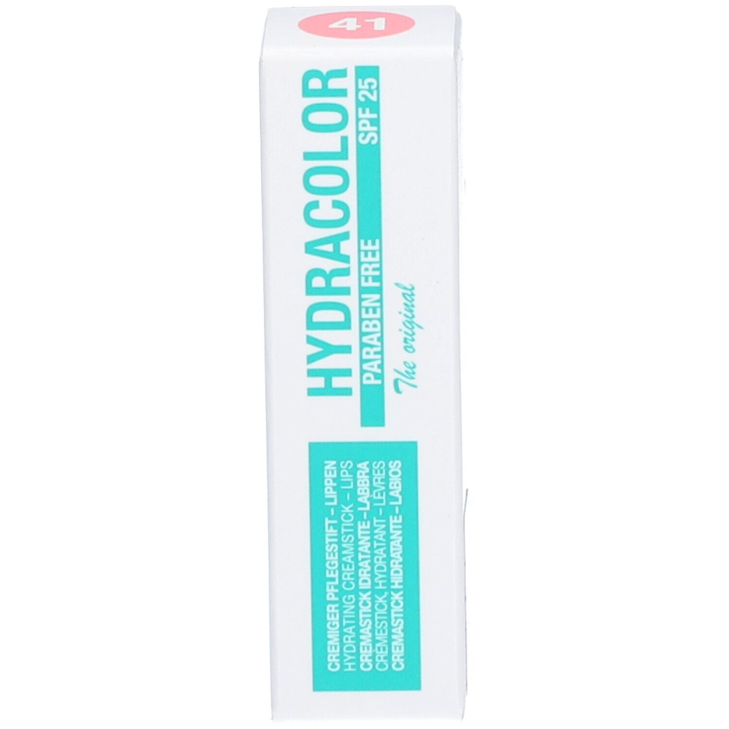 Boîte avec inscription: HYDRACOLOR, SPF 25, PARABEN FREE, 41. Noms et ingrédients du produit.