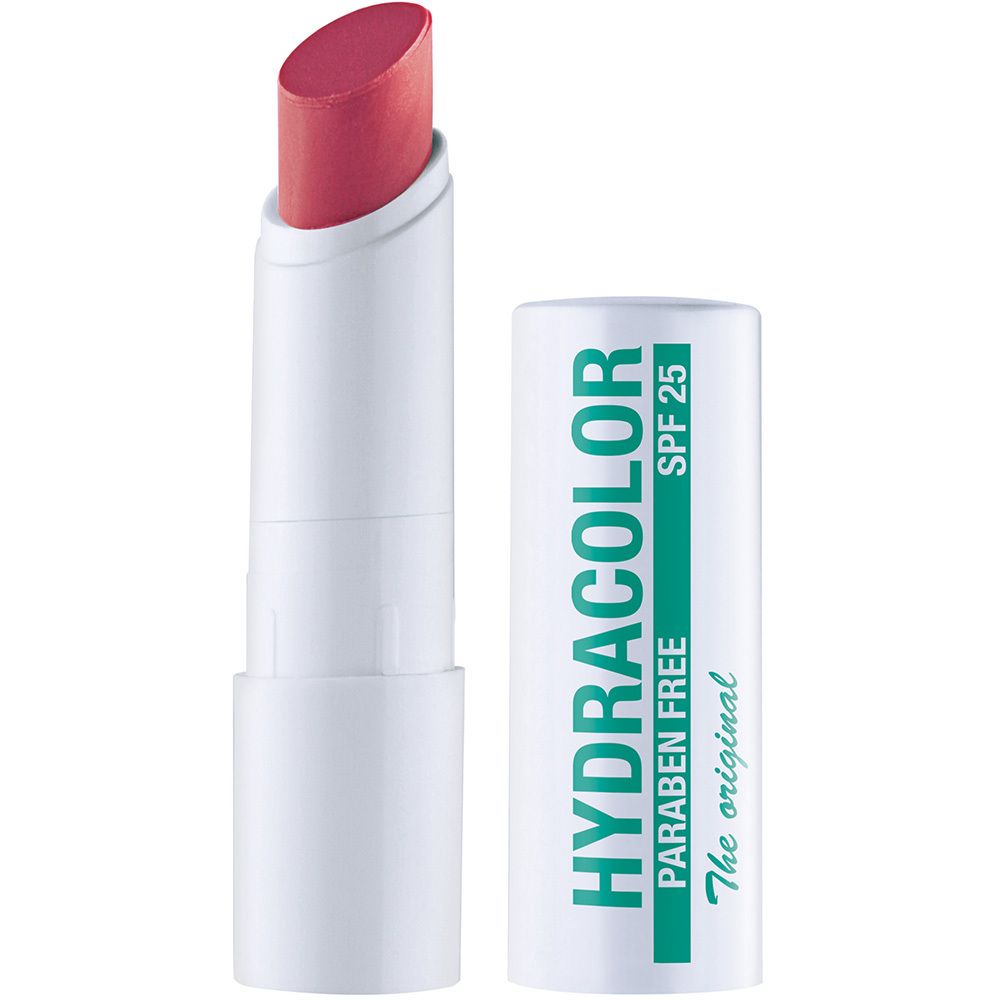 Roze nude lippenstift, witte houder. HYDRACOLOR, SPF 25, PARABENEN VRIJ.