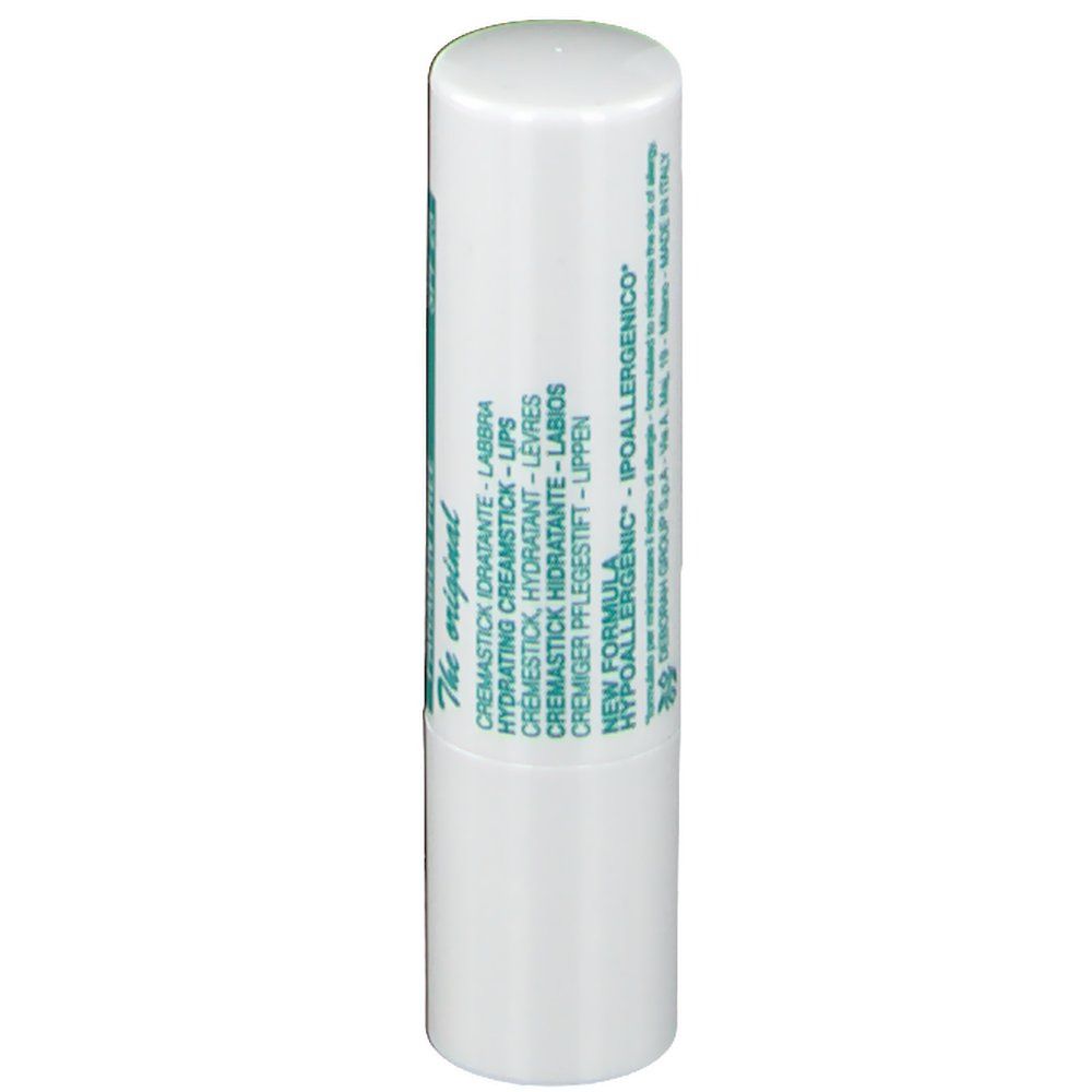 Witte lippenstift. Tekst: CREMASTICK IDRATANTE - LABBRA, HYDRATING CREAMSTICK - LIPS.