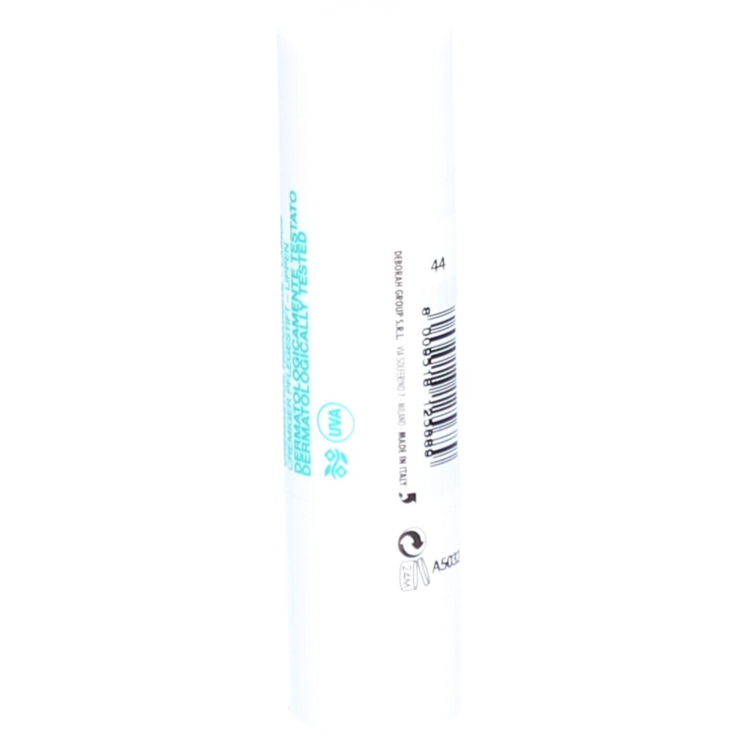 Witte tube met blauwe en groene opdruk, dermatologisch getest, met UVA-bescherming.