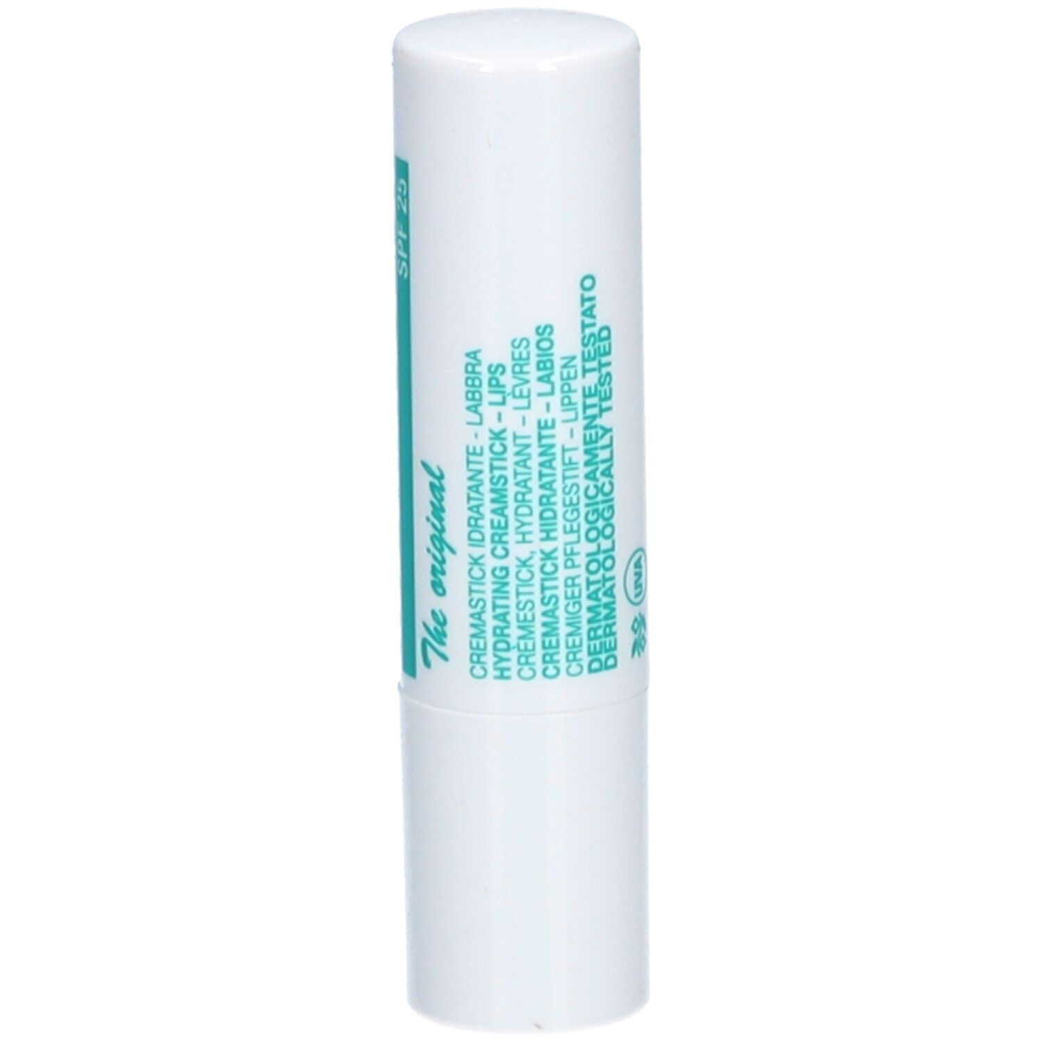 Witte lippenbalsemstift met SPF 20. Meertalige tekst, waaronder 'CREMASTICK HYDRATEREND - LIPPEN'.