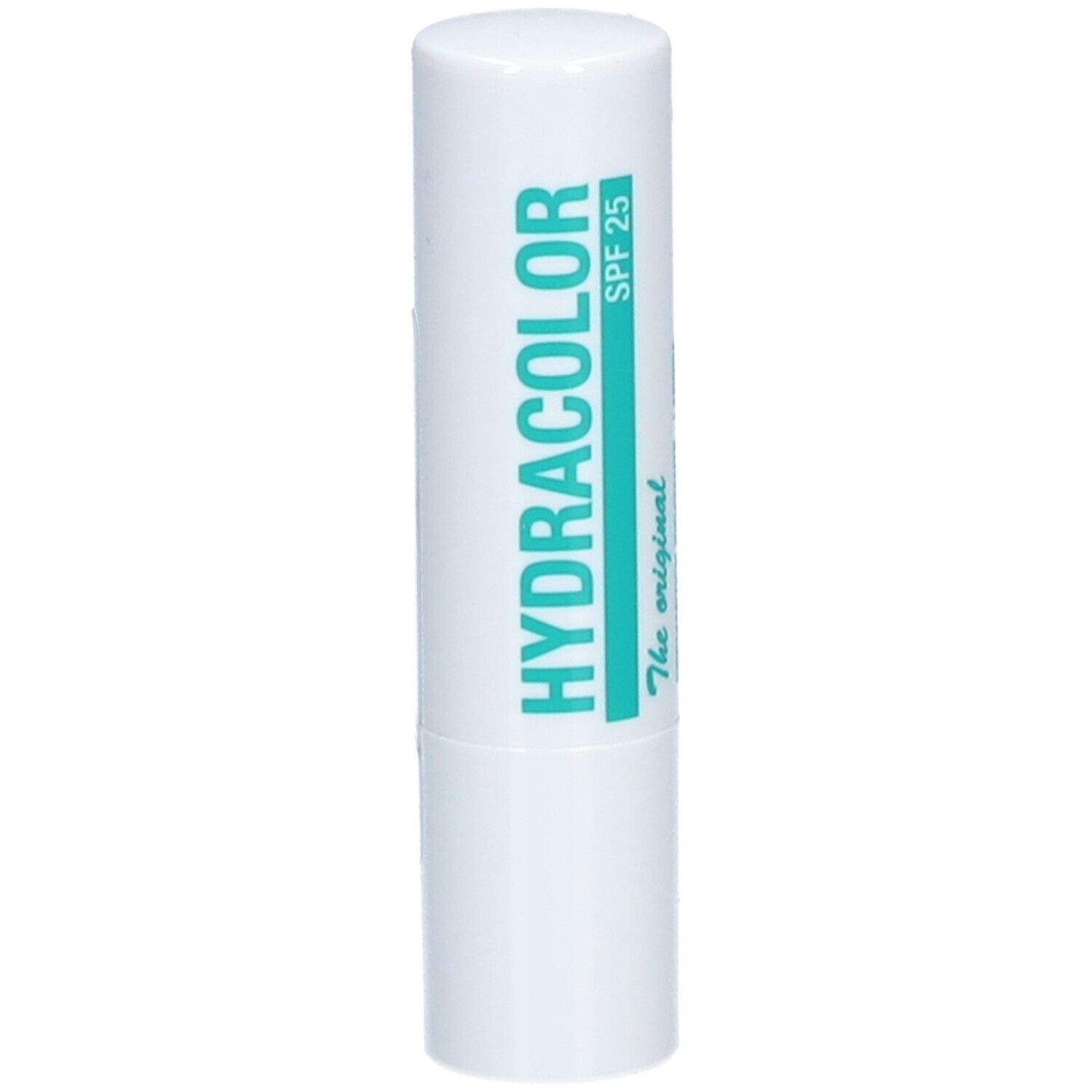 Hydracolor lippenbalsem met SPF 25, witte huls, turquoise tekst.