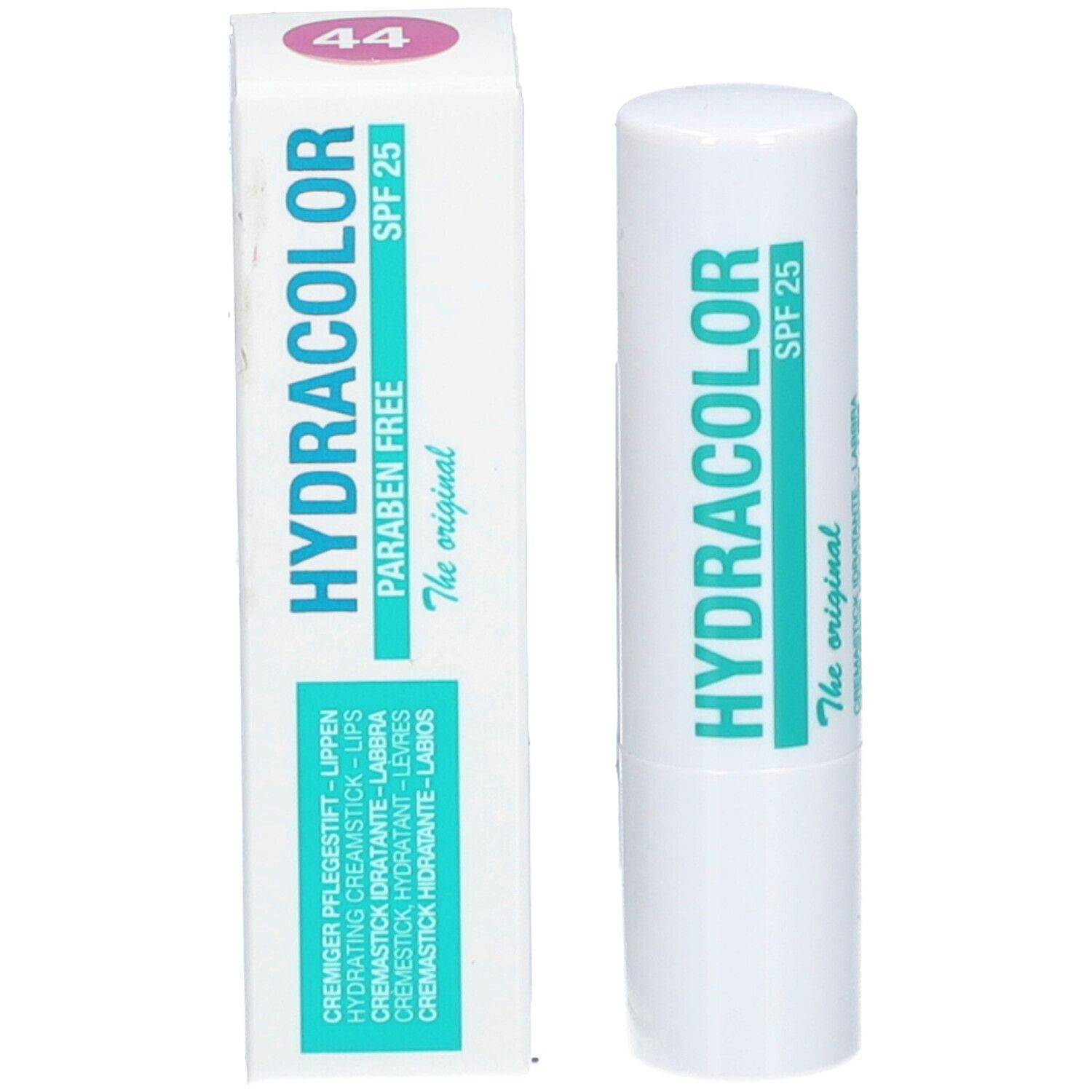 Hydracolor lippenbalsem met SPF 25, parabeenvrij. Witte huls met turquoise belettering.