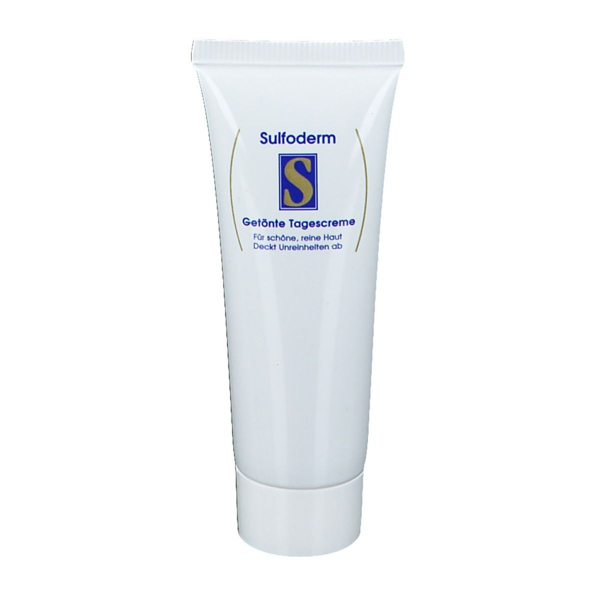 Witte tube met blauwe tekst Sulfoderm, getinte dagcrème. Dop onderaan, productweergave.