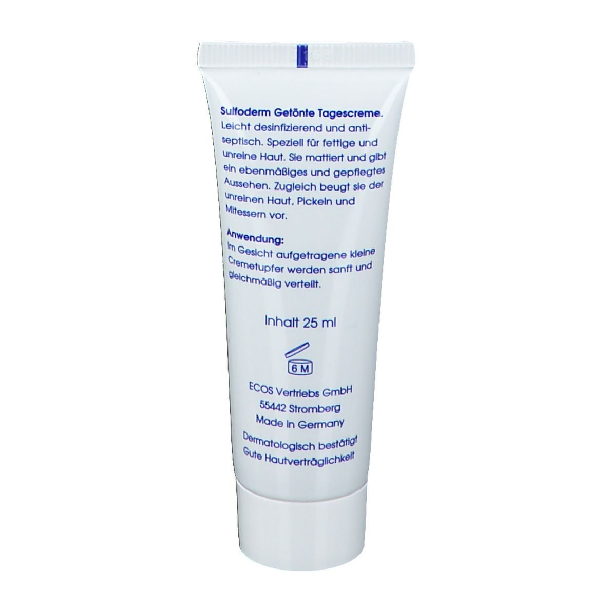 Achterkant van de tube. Tekst: Sulfoderm getinte dagcrème, inhoud 25 ml, 6M-symbool, fabrikant.
