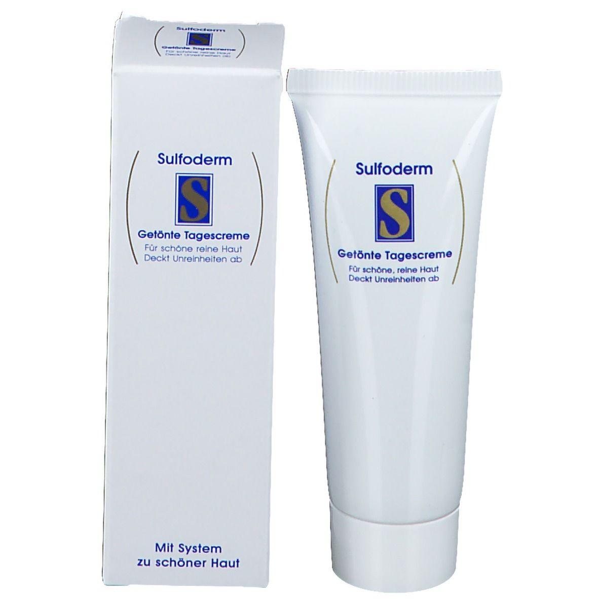 Productverpakking: tube en doos. Opschrift: Sulfoderm getinte dagcrème. Met systeem voor een mooie huid.