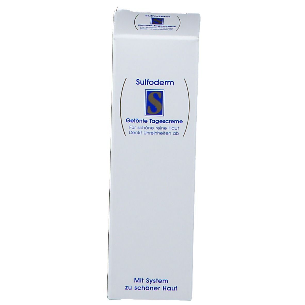 Witte doos met blauwe tekst Sulfoderm, getinte dagcrème. Met systeem voor een mooie huid.